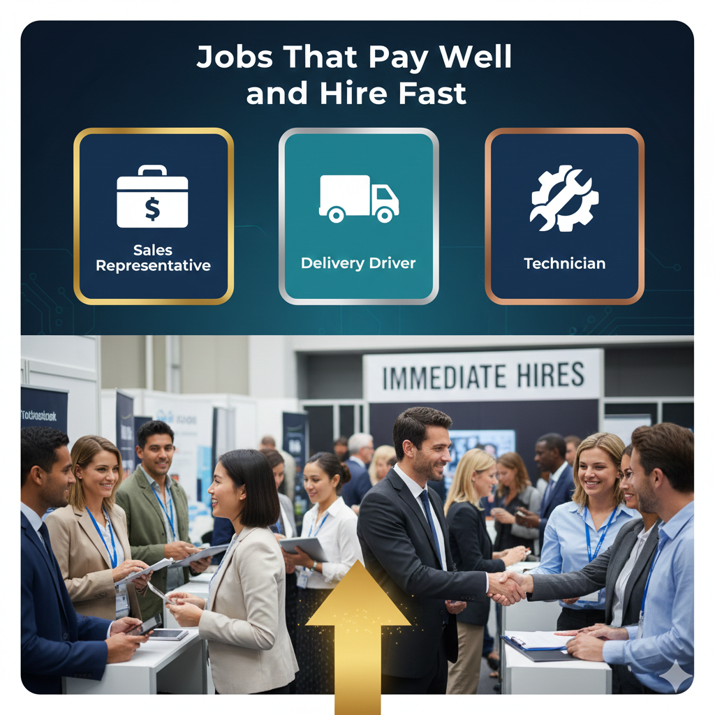 Professionals celebrating quick hiring and high-paying job opportunities in a modern workplace environment.