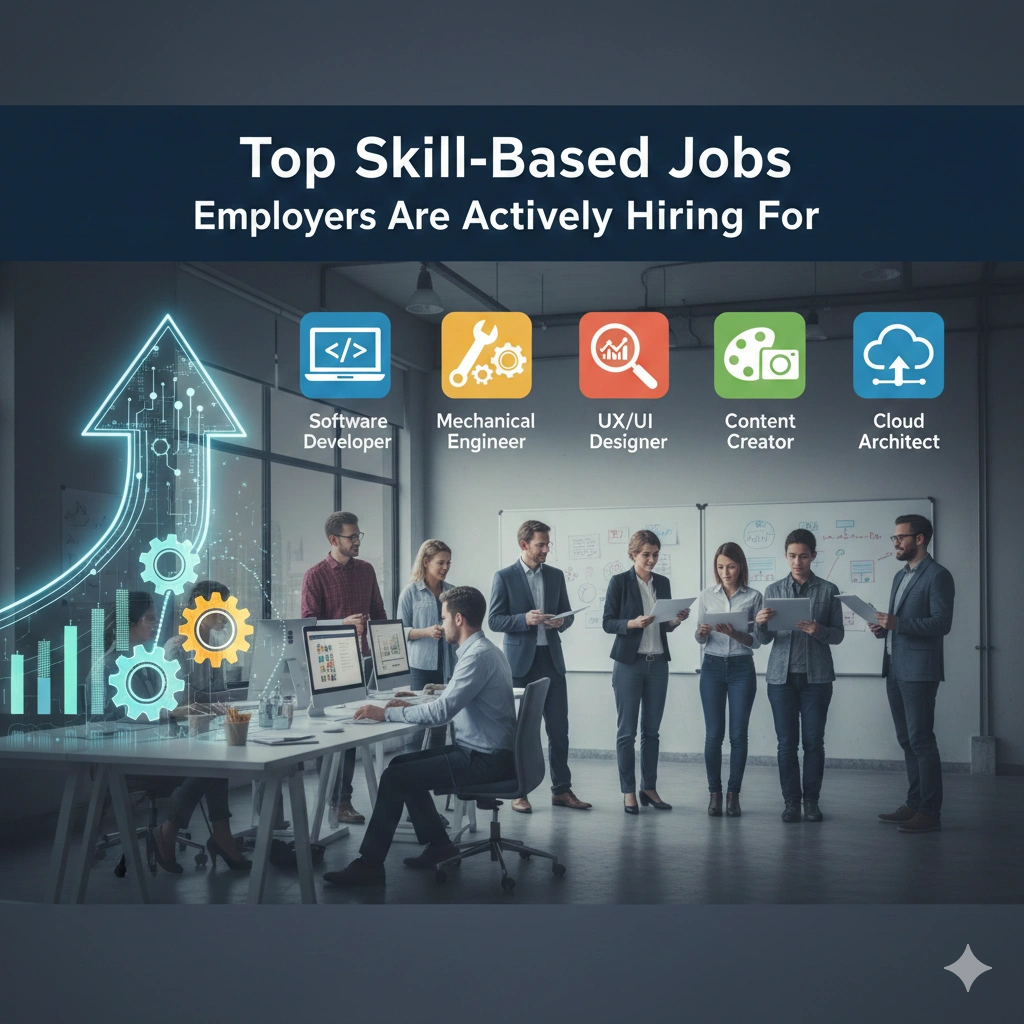 Professionals working in a modern office with icons highlighting top skill-based jobs such as software developer, mechanical engineer, UX/UI designer, content creator, and cloud architect.