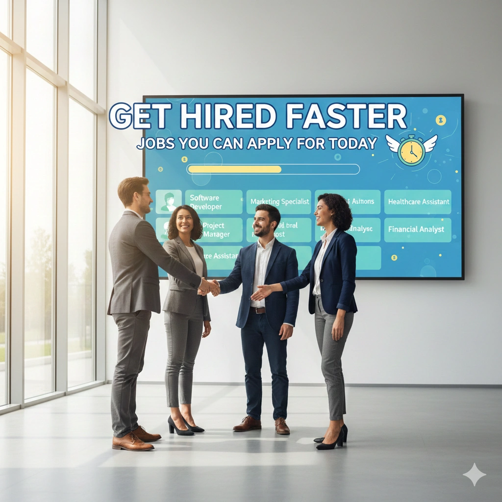 Business professionals shaking hands in a modern office with a digital screen displaying “Get Hired Faster – Jobs You Can Apply for Today” and popular job roles.