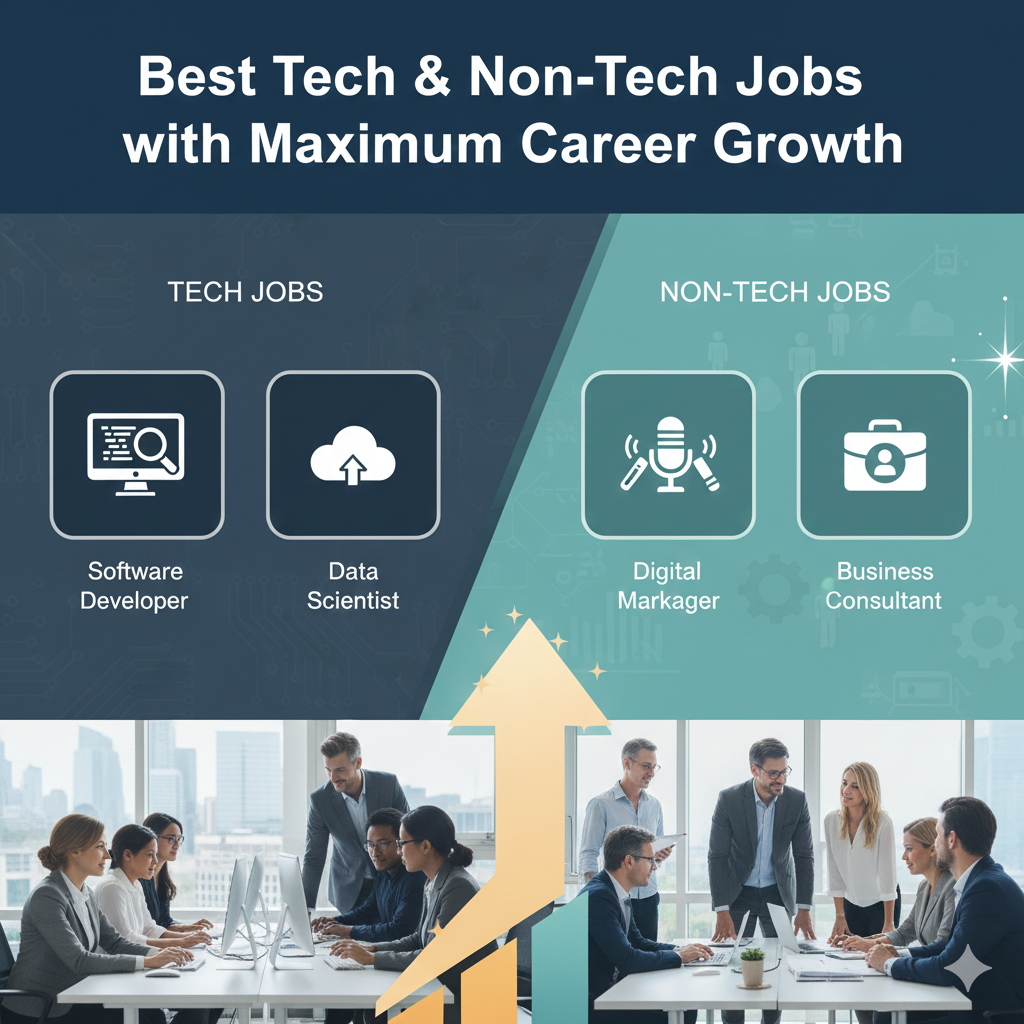 Professionals in a modern workplace representing the best tech and non-tech jobs with maximum career growth and high-demand skills.